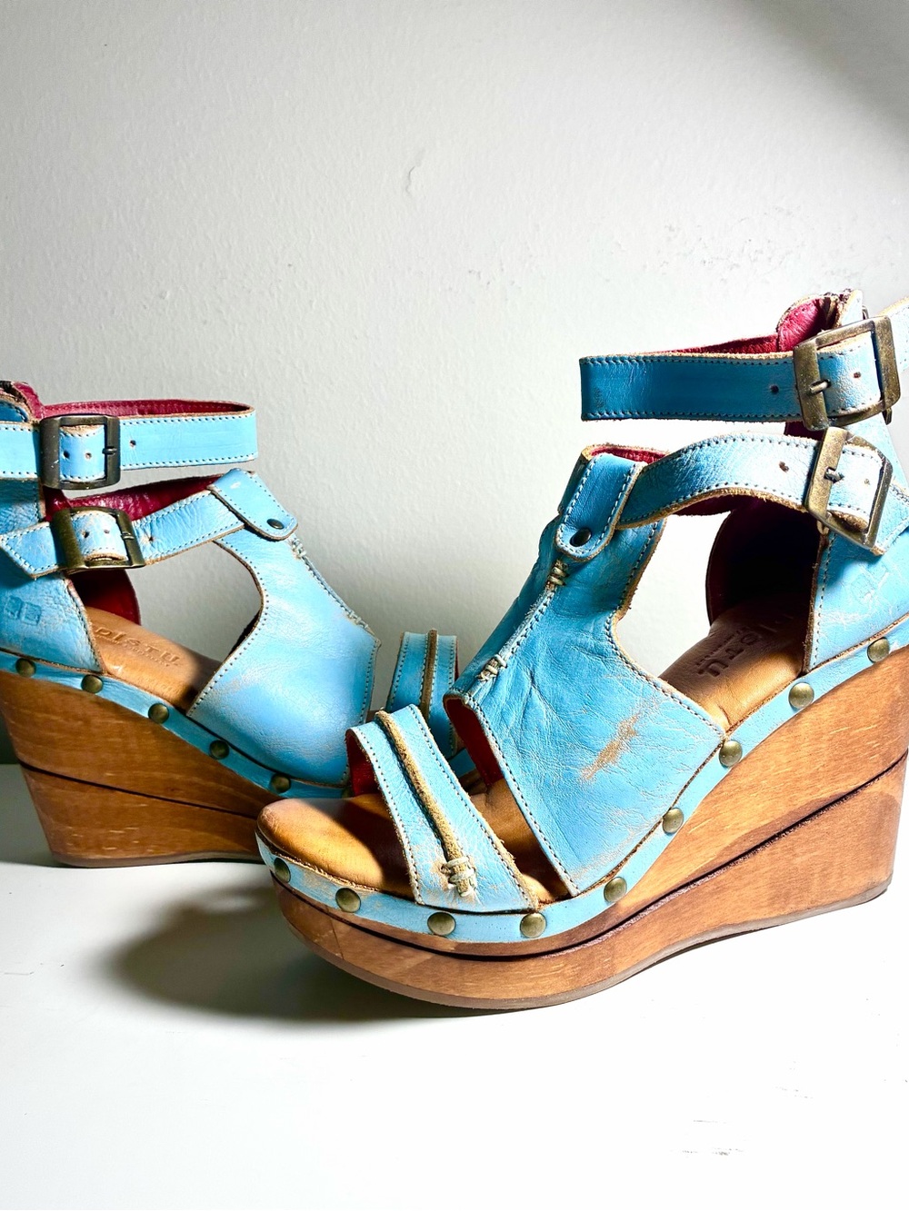 BED|STU Turquoise Leather Wedge Sandals with Wood Platform
NEW, in box!